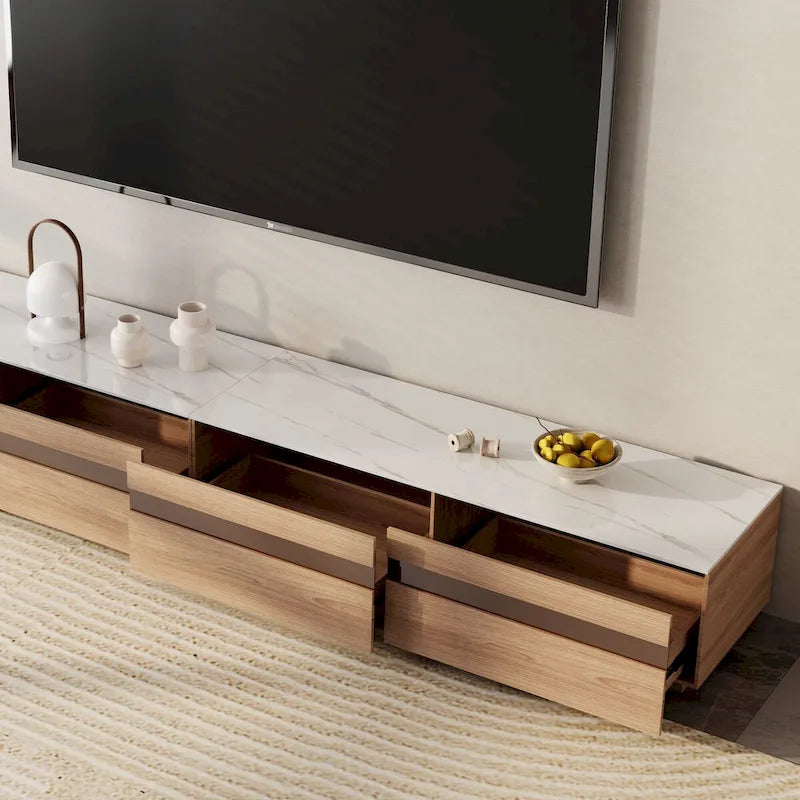 Modern Light Wood TV Stands, Glossy Stone Table-top, 3-6Drawers, Fully Assembled
