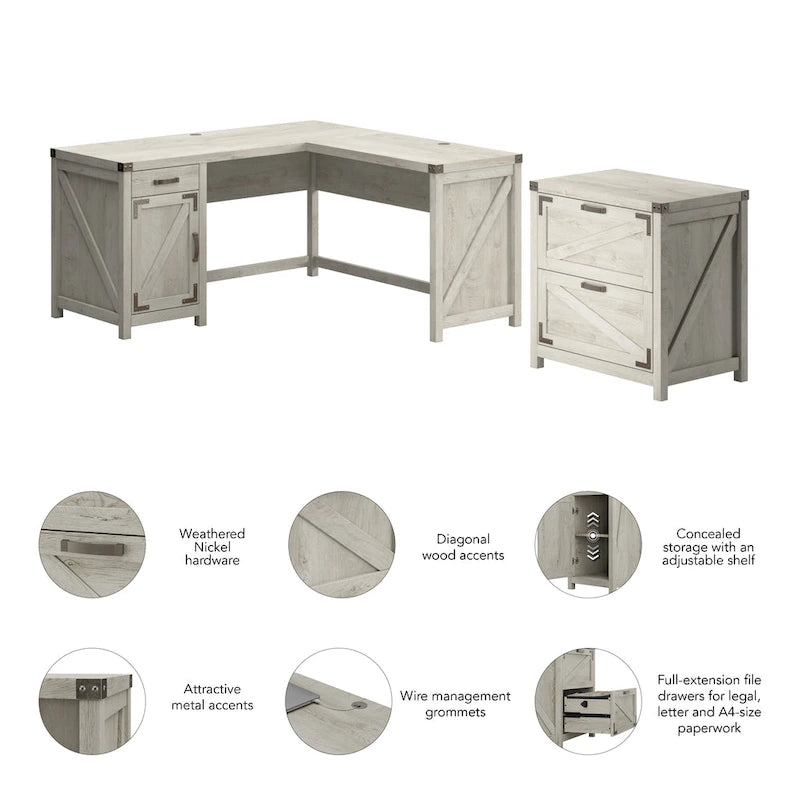 60W L Shaped Desk with 2 Drawer Lateral File Cabinet