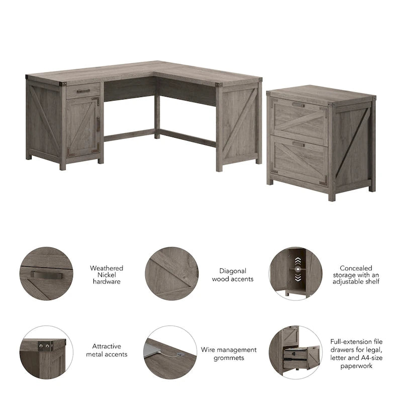 60W L Shaped Desk with 2 Drawer Lateral File Cabinet